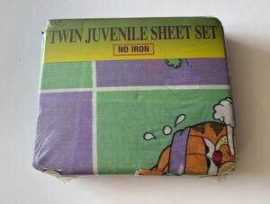 Garfield Cat Twin Sheet Set Juvenile New Sealed No Iron Purple Green Vintage Y2K